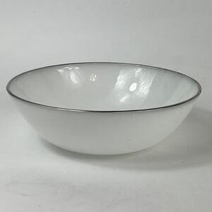 Anchor Hocking Bowl Medium Milk Glass Silver Rim Vintage Ovenproof Dinnerware